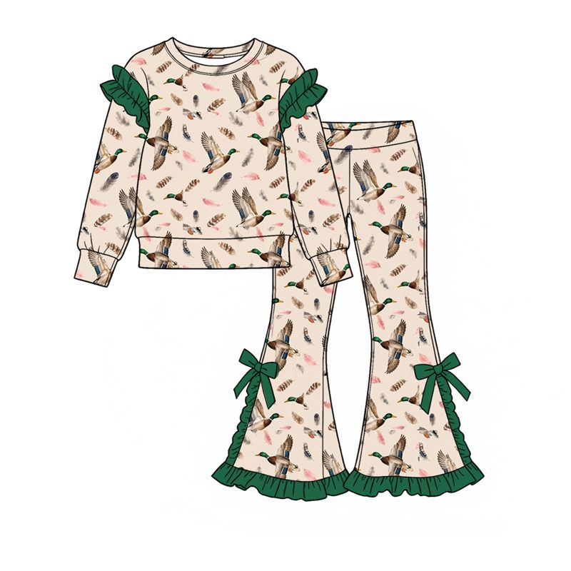 ( Moq 5 ) Preorder Baby Girls Kids Long Sleeves Ducks Shirt Bows Pants Set Hunting Clothes