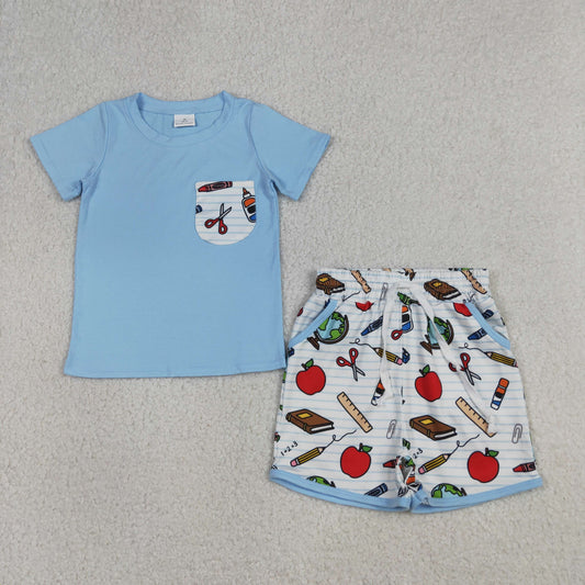 Baby Boys Kids Short Sleeves Blue Shirt Apple Pencil Pockets Shorts Back to School Set RTS