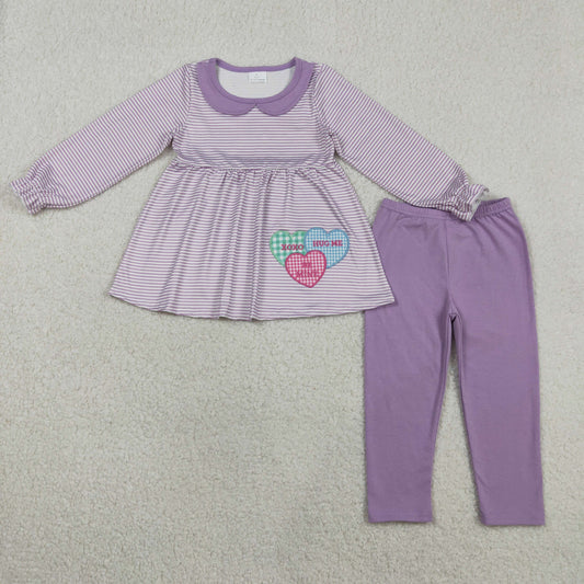 Baby Girls Embroidery Hearts Stripes Tunic Purple Leggings Valentines Clothes Set RTS
