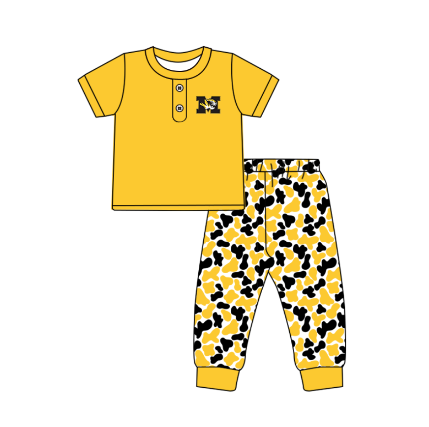 ( Moq 5 ) Baby Boys Yellow Short Sleeves Buttons Tiger Shirt Camo Pants Team Clothes Set