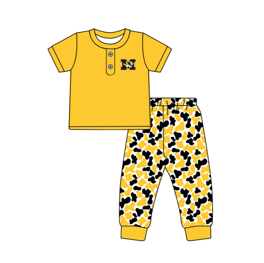 ( Moq 5 ) Baby Boys Yellow Short Sleeves Buttons Tiger Shirt Camo Pants Team Clothes Set