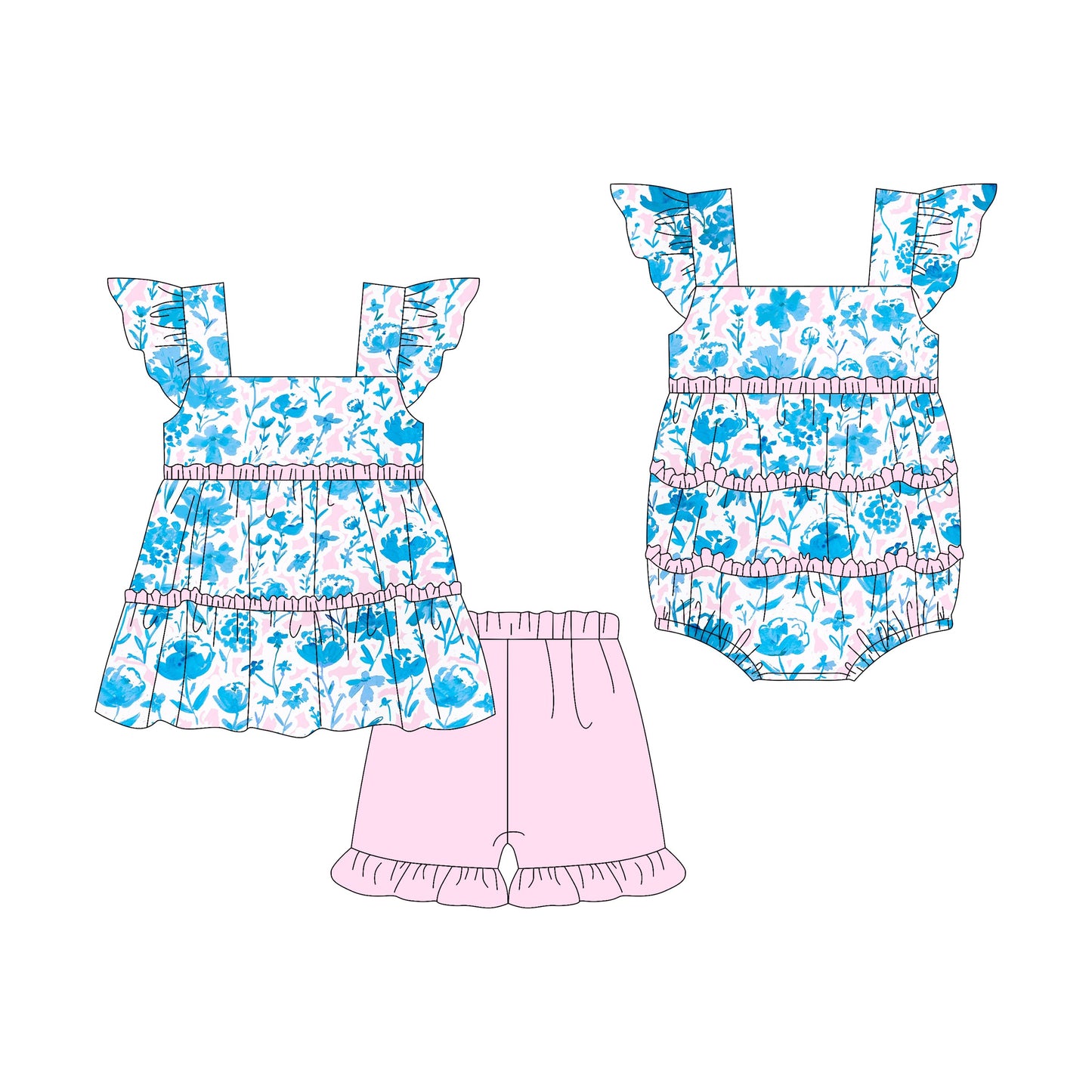 Baby Girl Short Sleeves Blue Flower Sibling Romper Set ( Moq 5 Each Style ) 3.7