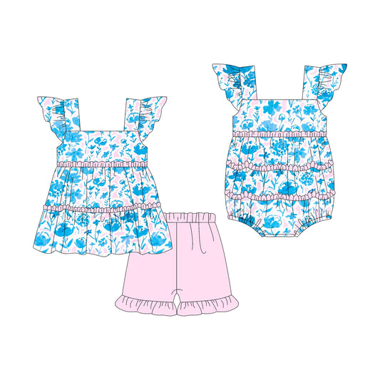 Baby Girl Short Sleeves Blue Flower Sibling Romper Set ( Moq 5 Each Style ) 3.7