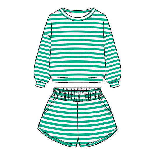 ( Moq 5 ) Baby Girls Kids Long Sleeves Stripes Shirt Pockets Shorts Team Set Clothes