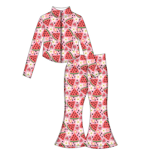 ( Moq 10 ) Baby Girl Watermelons Long Sleeves Pockets Zipper Tops Pants Activity Wear Yoga Set