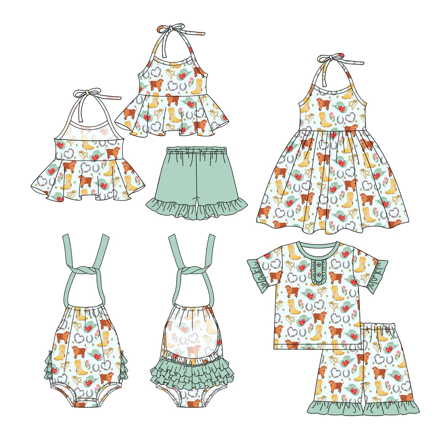 Baby Girl Western Dogs Boots Green Sibling Romper Dress Set ( Moq 5 Each Style ) 3.8