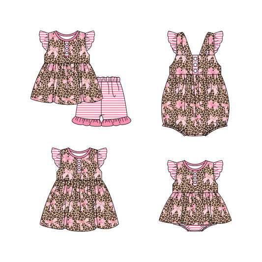 Baby Girl Short Sleeves Bows Leopard Sibling Romper Dress Clothes Set ( Moq 5 Each Design )
