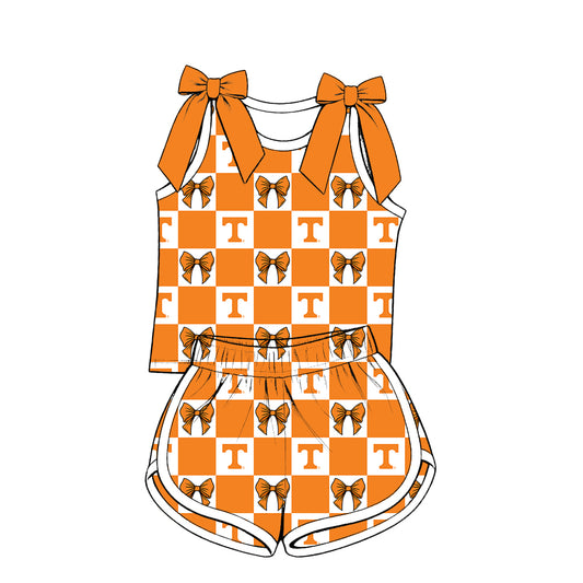 ( Moq 5 ) Baby Girls Kids Sleeveless Bows Shirt Shorts Team Set Cheer Clothes