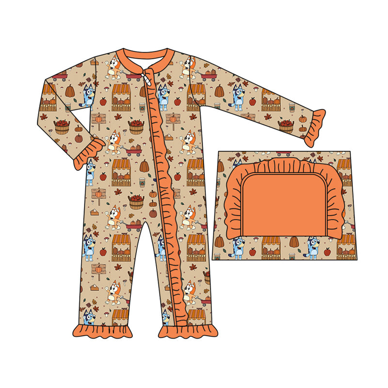 Baby Girl Long Sleeves Pumpkin Dogs Fall Zipper Romper