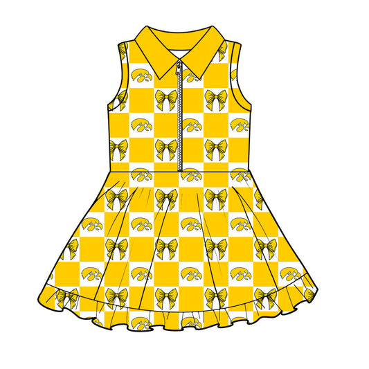 ( Moq 5 Each Style ) Baby Girls Kids Toddler Bows Yellow Plaid Team Zipper Shorts Knee Length Dress