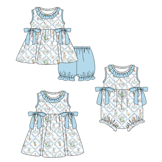 ( Moq 5 Each Style ) Baby Girls Kids Rabbits Blue Bows Sibling Easter Romper Dress Set