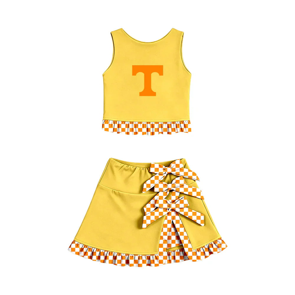( Moq 5 ) Sibling Baby Girls Kids Sleeveless Cheer T Vest Checked Bows Skirt Shorts Team Set Clothes