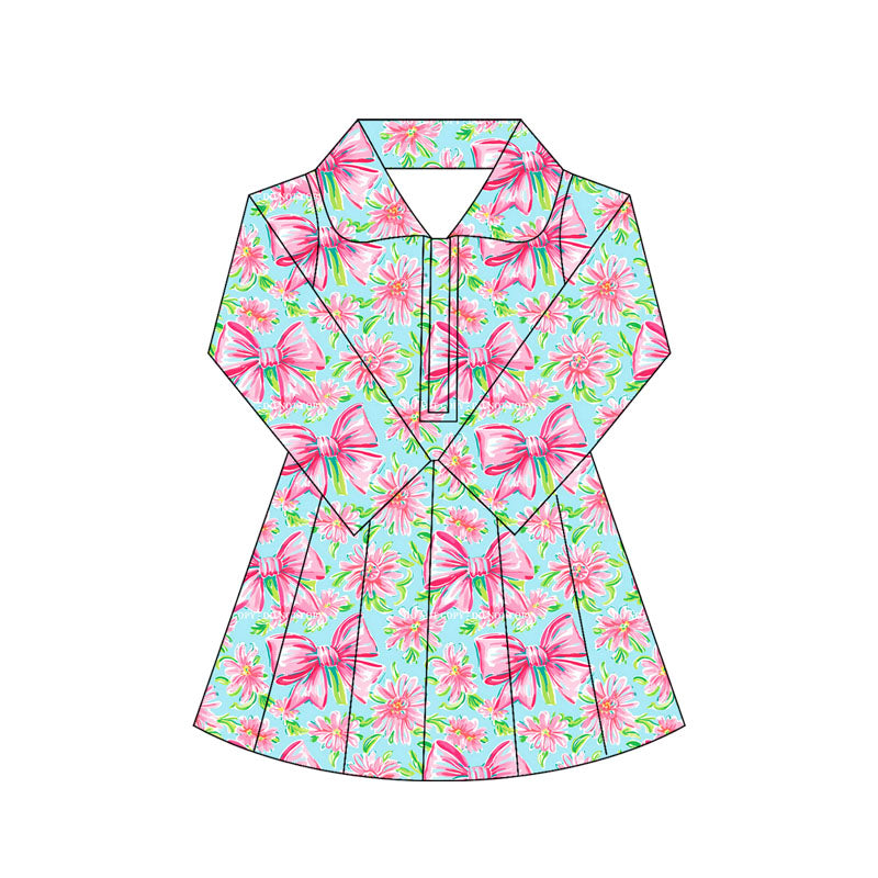 ( Moq 10 ) Baby Girl Colorful Bows Floral Long Sleeves Zipper Activity Wear Yoga Knee Length Dress