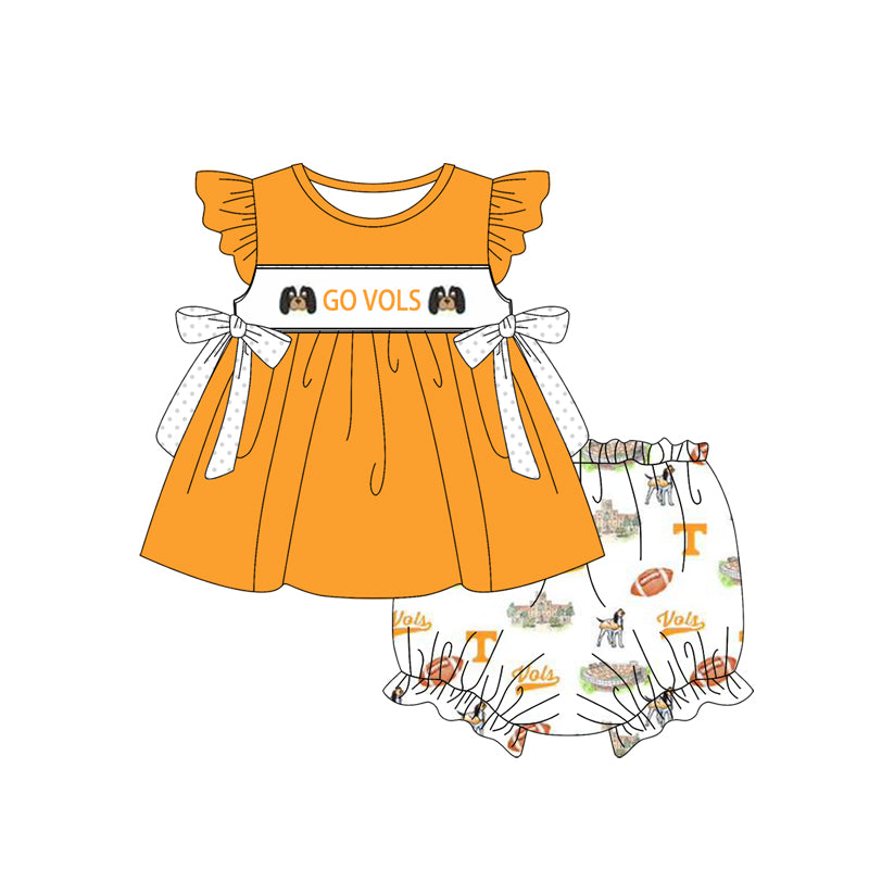 Baby Girl Short Sleeves Dogs Team Yellow Tunic Bummie Shorts Clothes Set Moq 5
