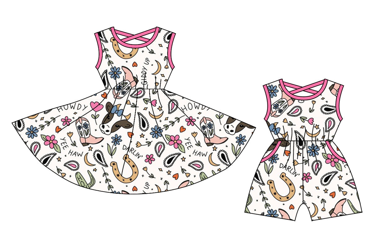 Baby Girl Sleeveless Western Cow Flower Sibling Dress Jumpsuit ( Moq 5 Each Style ) 12.20