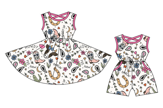 Baby Girl Sleeveless Western Cow Flower Sibling Dress Jumpsuit ( Moq 5 Each Style ) 12.20