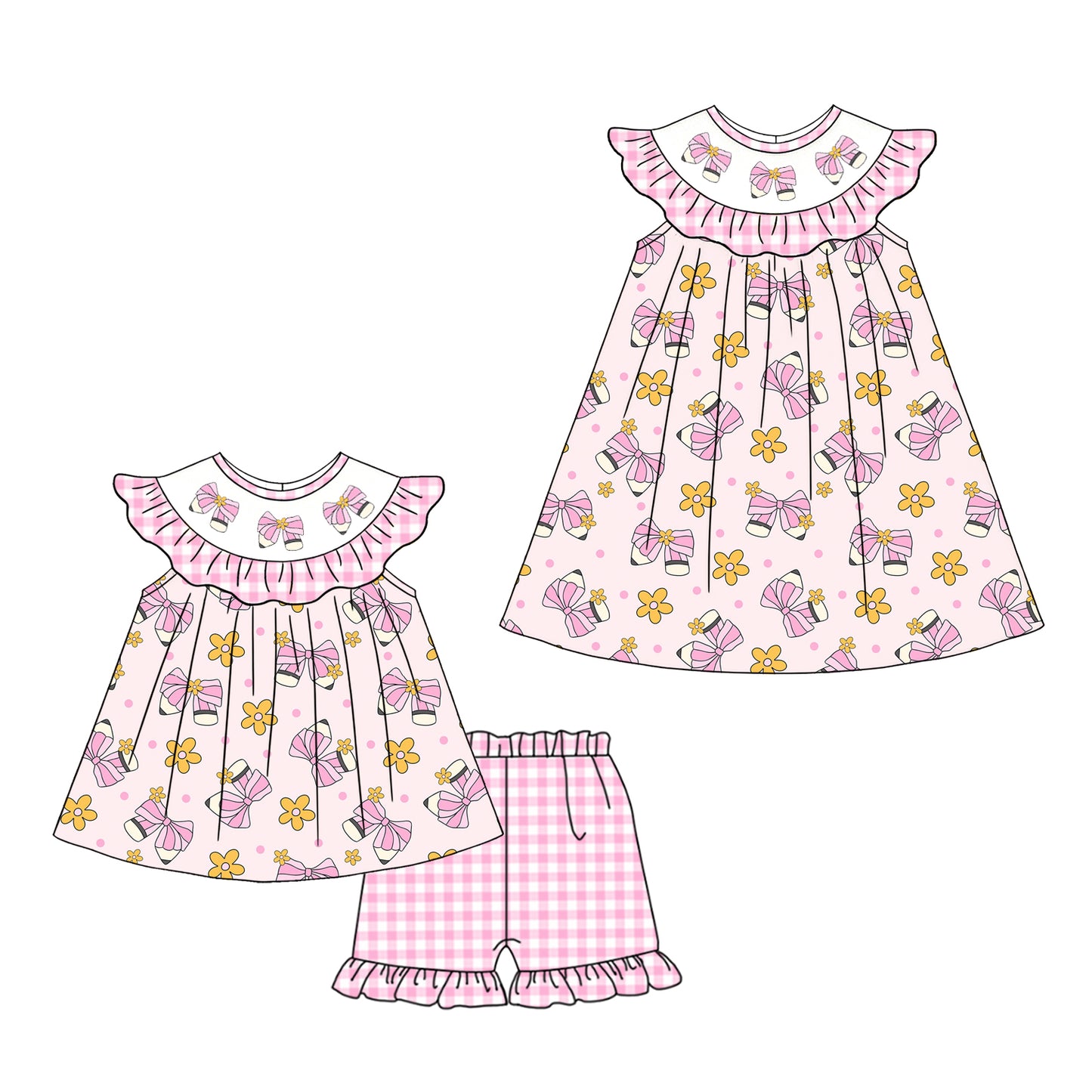 ( Moq 5 Each Style ) Baby Girls Kids Pencil Bows Flower Sibling Back to School Dress Set