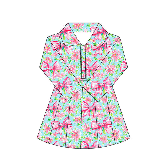 ( Moq 10 )Baby Girl Green Bows Floral Long Sleeves Zipper Activity Wear Yoga Knee Length Dress