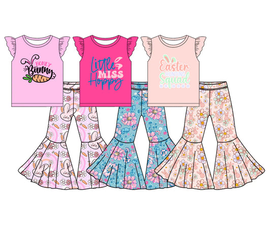 ( Moq 5 Each Style ) Sibling Baby Girls Kids Short Sleeves Shirt Rabbits Flower Bell Pants Easter Sets