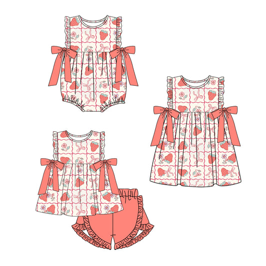 Baby Girl Strawberry Flower Bows Sibling Summer Romper Dress Clothes Set ( Moq 5 Each Design )11.23