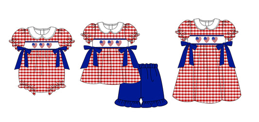 Baby Girl July 4th Hearts Checked Sibling Romper Dress Set ( Moq 5 Each Style ) 1.8