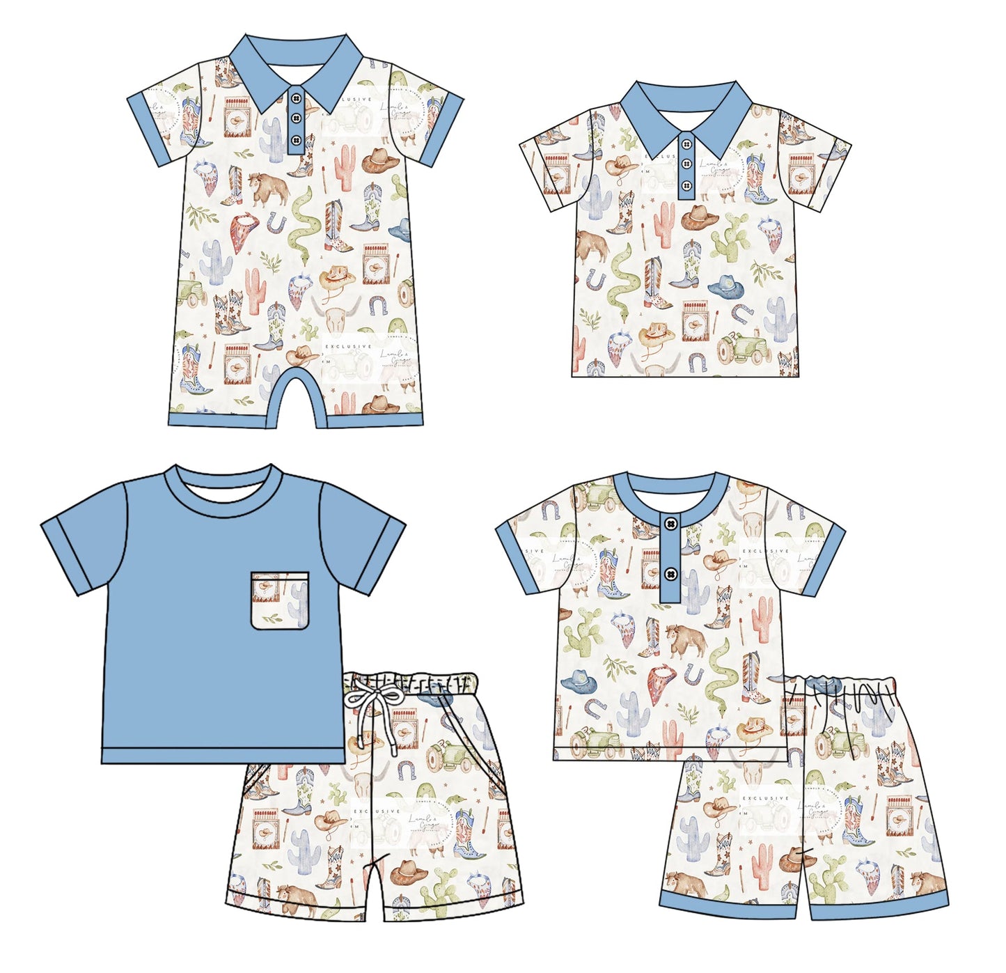 ( Moq 5 Each Style ) Baby Boy Short Sleeves Western Sibling Summer Romper Shirt Set 4.22