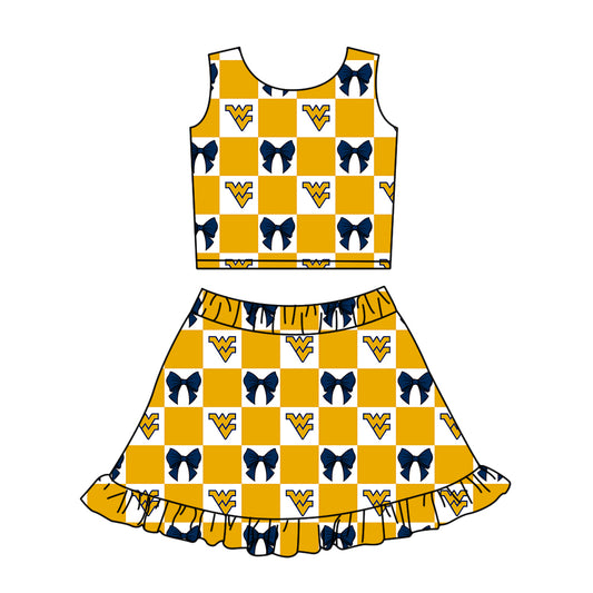 ( Moq 5 ) Baby Girls Kids WV Bows Checked Tops Shorts Ruffle Skirt Team Set