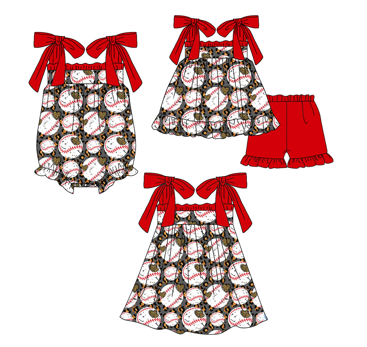 Baby Girl Straps Baseball Leopard Hearts Sibling Romper Dress Set ( Moq 5 Each Design ) 12.12