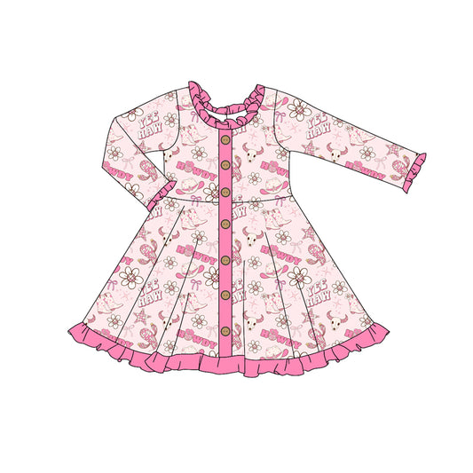 Baby Girl Long Sleeves Howdy Cow Flower Buttons Dress