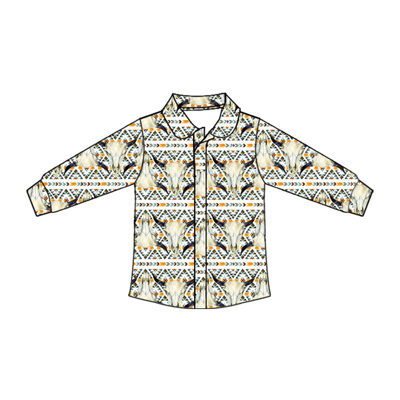 ( Moq 5 ) Baby Boy Long Sleeves Western Aztec Bull Skull Button Shirt Tops