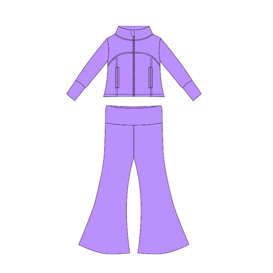 ( Moq 10 ) Baby Girl Purple Long Sleeves Pockets Zipper Tops Bell Bottom Pants Set