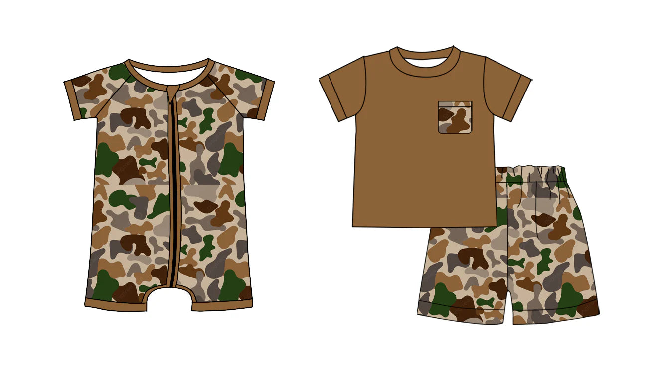 ( Moq 5 Each Style ) Baby Boys Short Sleeves Camo Print Sibling Zipper Brown Romper Set