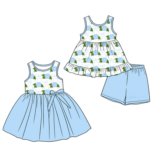 ( Moq 5 Each Style ) Sibling Baby Girls Kids Sleeveless Blue Bows Flower Summer Dress Set Clothes