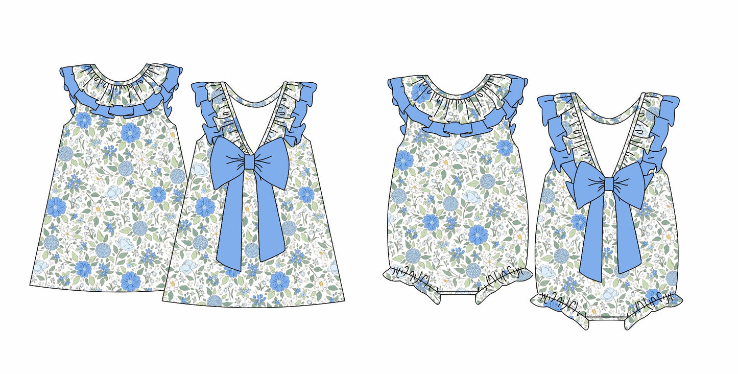 Baby Girl Blue Bows Floral Sibling Romper Dress ( Moq 5 Each Design ) 12.14