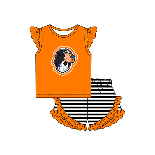 ( Moq 5 ) Baby Girls Orange Short Sleeves Dog Shirt Stripes Ruffle Shorts Team Clothes Set
