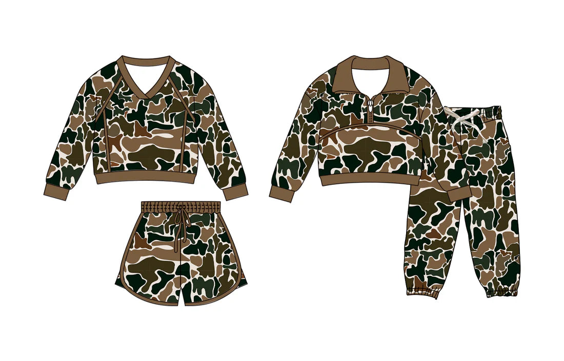 ( Moq 5 Each Style ) Sibling Baby Boys Girls Brown Green Camo Long Sleeves Zipper Shirt Shorts Pants Sets