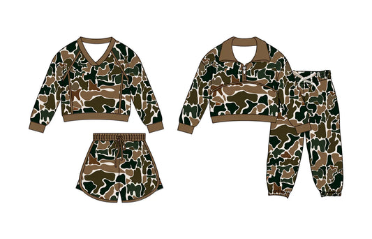 ( Moq 5 Each Style ) Sibling Baby Boys Girls Brown Green Camo Long Sleeves Zipper Shirt Shorts Pants Sets