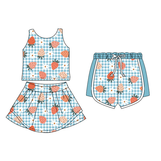 ( Moq 5 Each Style ) Sibling Baby Girls Sleeveless Strawberry Flower Tops Shorts Skirt Set