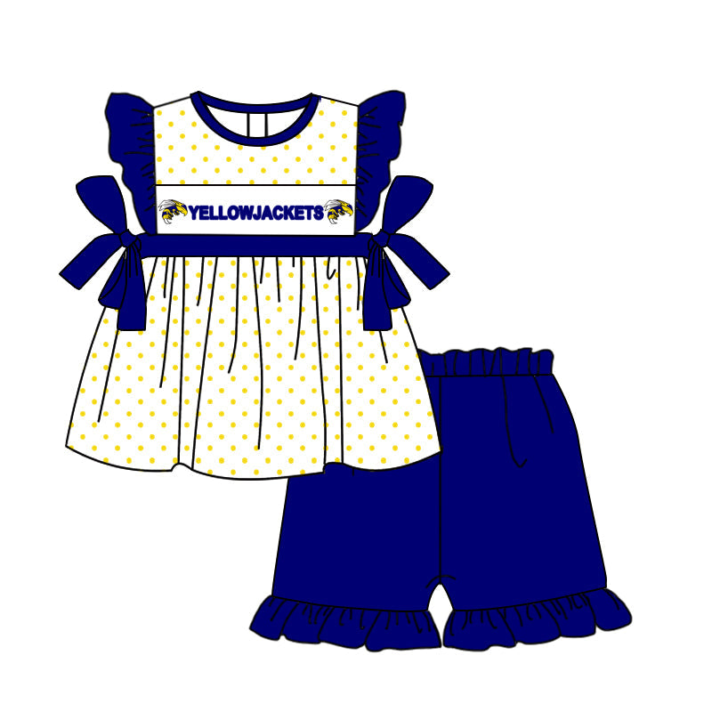 Baby Girl Short Sleeves Team Bows Tunic Blue Ruffle Shorts Set ( Moq 5 )