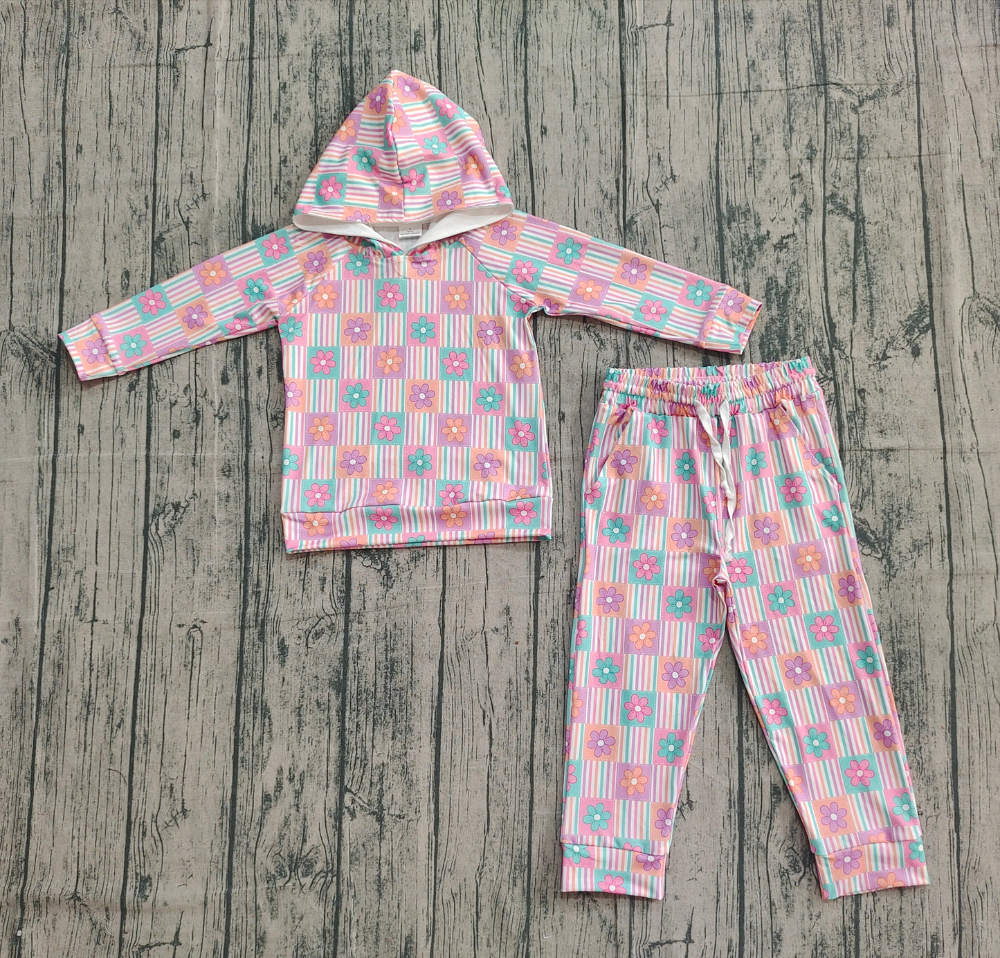 Girls Kids Long Sleeves Flower Stripes Hoodie Shirt Pockets Pants Clothes Set RTS