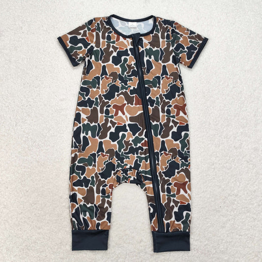 Baby Boy Infant Brown Camo Short Sleeves Zipper Romper