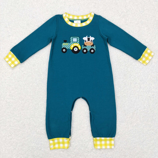 LR0377 Baby Boy Long Sleeves Embroidery Farm Cow Tractor One Piece Romper