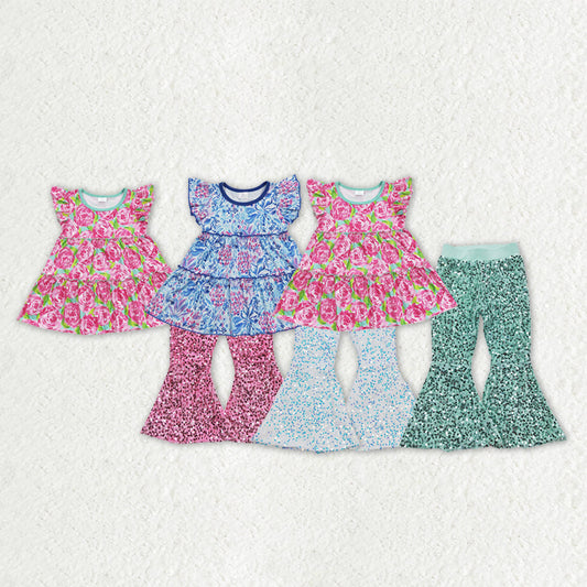 Sibling Baby Girls Kids Short Sleeves Flower Tops Sequins Bell Pants Sets Clothes RTS
