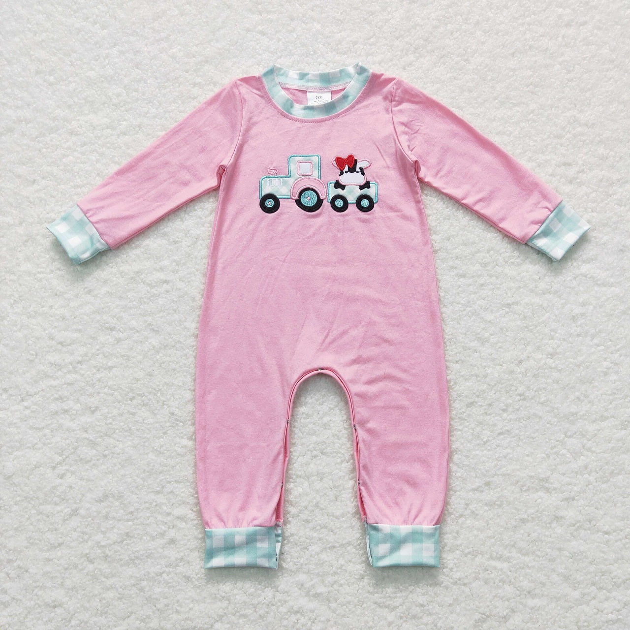 LR0766 Baby Boy Long Sleeves Embroidery Farm Cow Tractor One Piece Romper