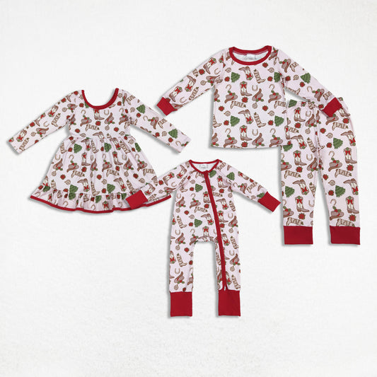 Sibling Girls Kids Long Sleeves Bows Boots Western Zipper Romper Christmas Pajamas Set RTS