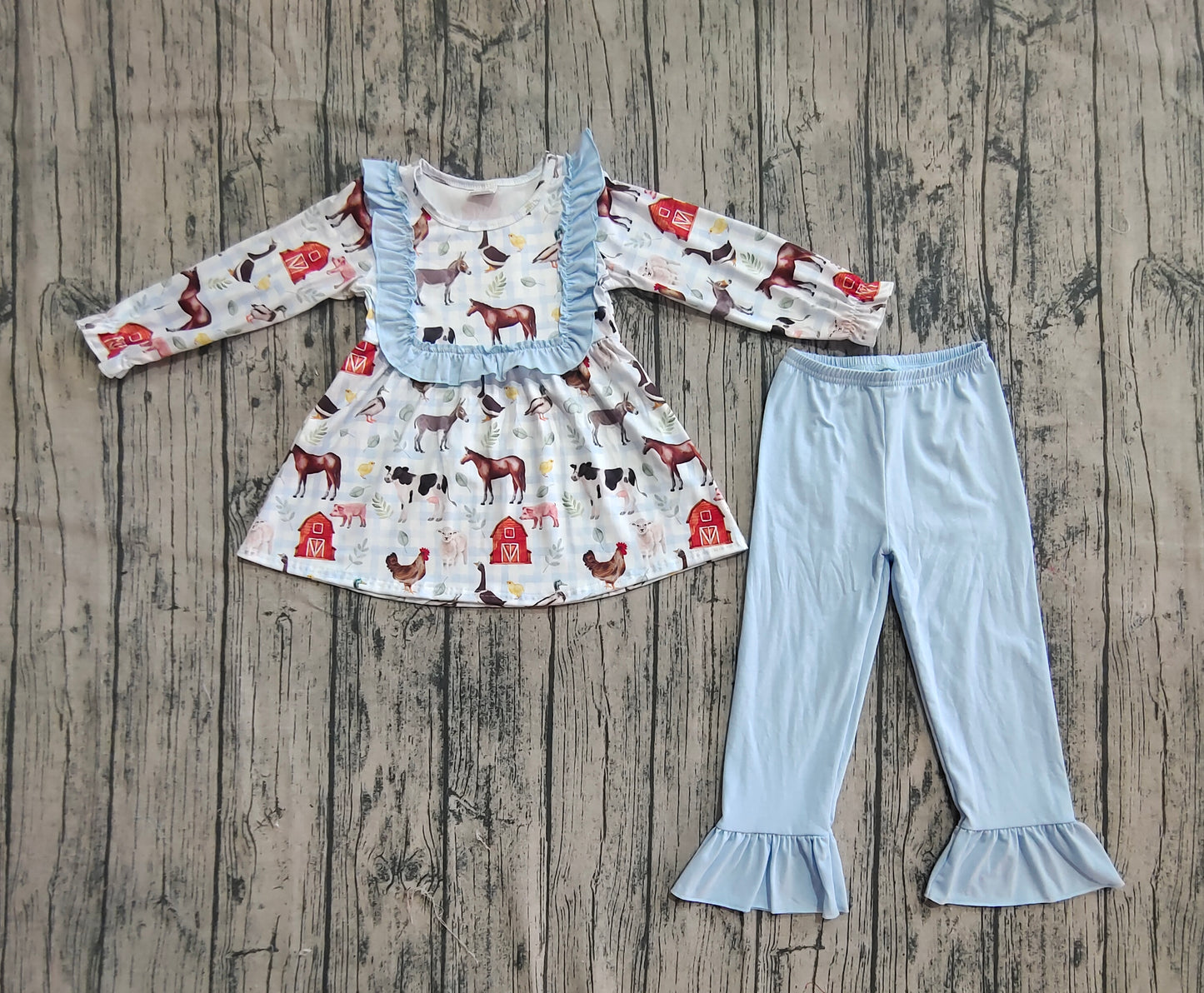 Baby Girl Long Sleeves Farm Animals Tunic Blue Pants Clothes Set RTS
