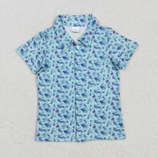 Baby Boy Short Sleeves Fishing Blue Button Shirt Tops RTS