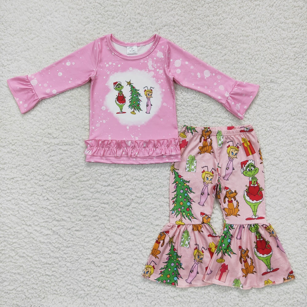 Kids Girls Long Sleeves Green Face Christmas Sibling Pajamas Footie Romper Set Pink Clothes RTS