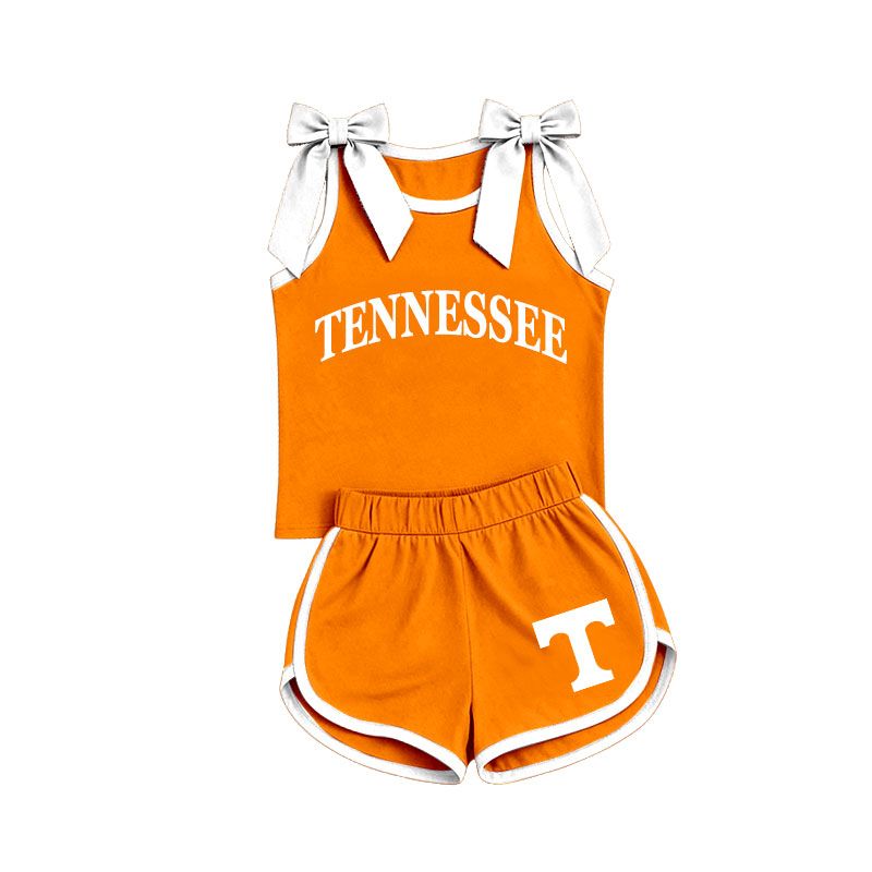 ( Moq 5 ) Preorder Baby Girls Kids Sleeveless Bows Shirt Shorts Orange Set Team Clothes
