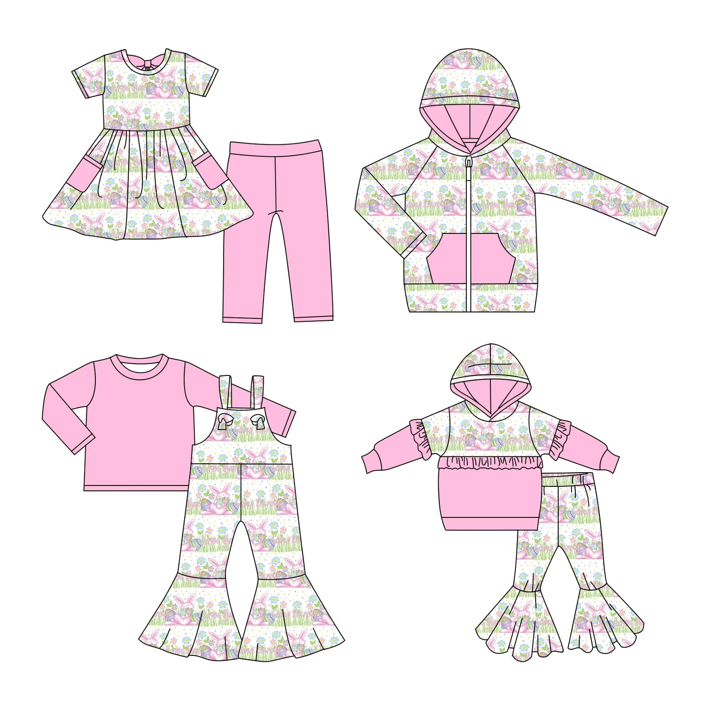 ( Moq 5 Each Style ) Baby Girls Kids Rabbits Eggs Flower Easter Sibling Hoodie Shirt Sets